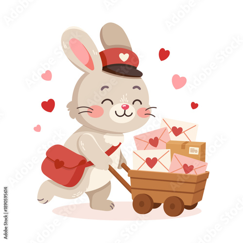 Vector Illustration of adorable rabbit postman pushes a cart full of love letters