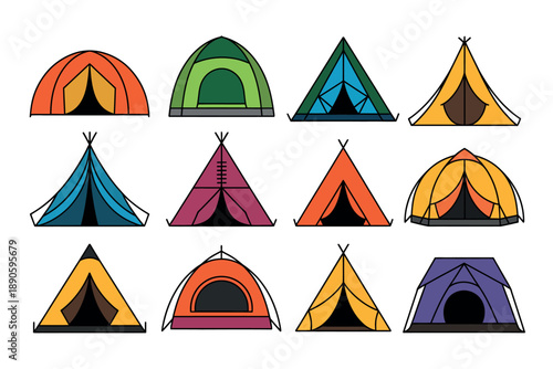 A colorful illustration of various tents arranged in rows on a white background