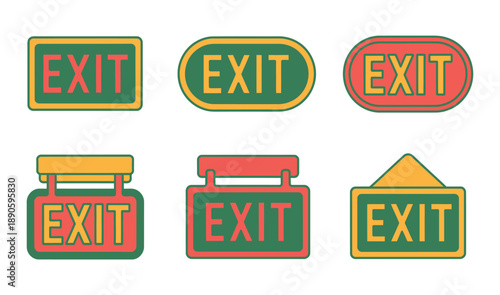 A set of colorful exit signs on a white background