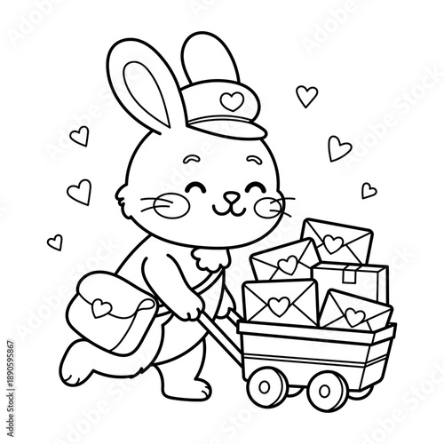 Illustration of a happy mail bunny pulls a wagon full of love letters 