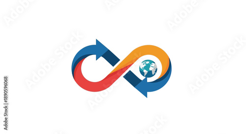 Infinity symbol with arrows and globe logo.