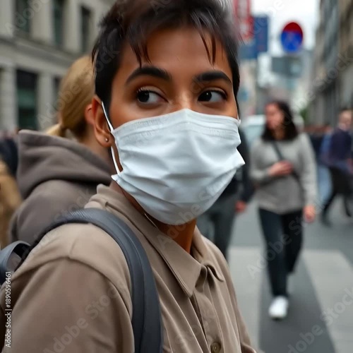 Young woman wearing a face mask while walking in city street  