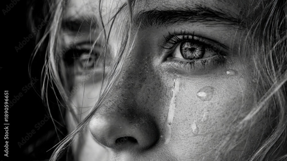 Fototapeta premium A close-up view of a young persons face showing deep emotion. Tears run down their cheek highlighting a moment of vulnerability and reflection in black and white tones.