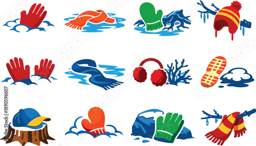 Image Generation. Two-Color vector icons of abandoned winter gear: single glove in snow, dropped scarf on icy ground, lone mitten