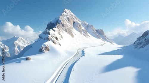Snowy mountain landscape with winding road under blue sky