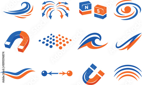 Image Generation. Two-Color vector icons of whimsical magnetic flow: airy arc curl, playful field lines, floating pole blocks,