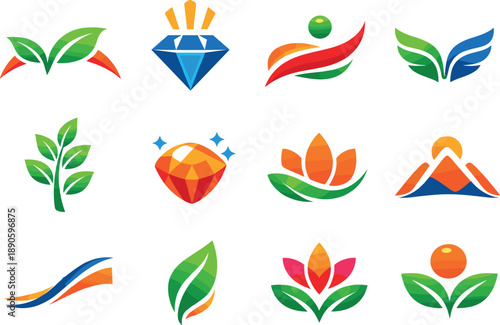 Image Generation. Two-Color vector icons of uplifting botanical energy: rising leaf arc, upward gem glow, elevated trap curve,