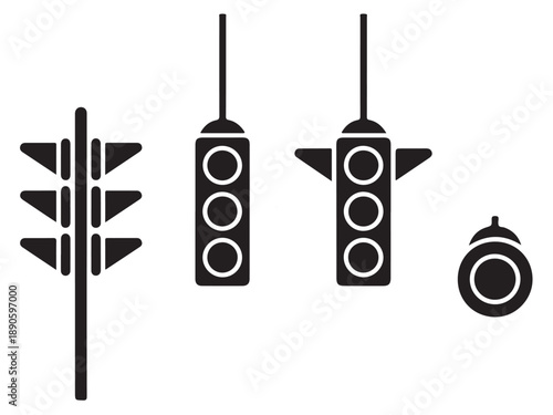 Illustration of traffic light signals in black and white. Featuring different designs for different types of signal lights, perfect for illustrating driving safety and transport infrastructure.