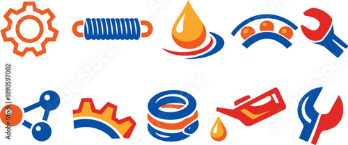 Image Generation. Two-Color vector icons of mechanical essentials related to gear–spring–oil: cogwheel outline, tension spring,