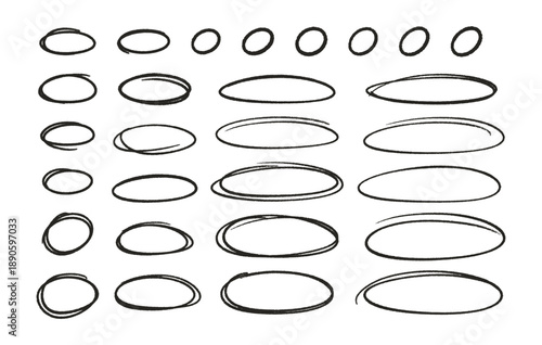 Crayon outline ovals, ellipses, and circles set. Pencil hand drawn emphasis elements, freehand line art, and black frames. Doodle style chalk sketches, round shapes. Vector illustration