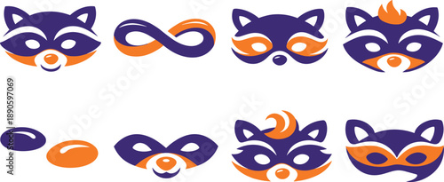 Image Generation. Two-Color vector icons of whimsical woodland mask: playful raccoon curve, dreamy band loop, airy cheek arc,