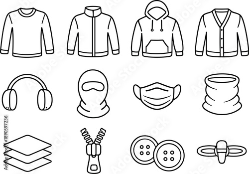 Image Generation. Line style vector icons of cold weather wear: thermal, fleece, hoodie, cardigan; earmuff, balaclava, mask,
