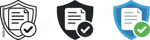 Insurance Protection Icons. Risk safeguarding concept showing a shielded document icon with a clear check seal representing