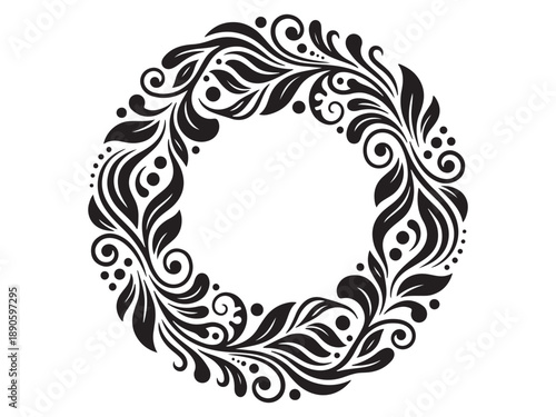A beautiful floral wreath design in black and white, perfect for decorative purposes. It's a classic and timeless design that would suit any design style.