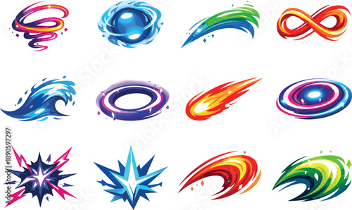 Mystical Energy Icons. Two-Color vector icons of mystical energy flows: spiral beam line, glowing orb pulse, ethereal stream arc,