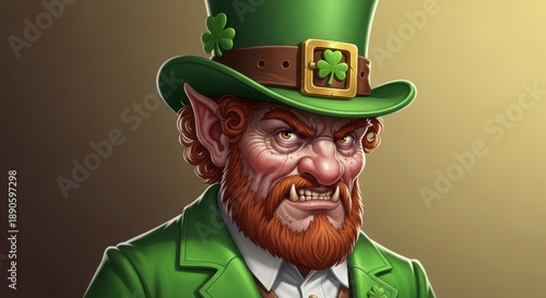 Fierce leprechaun portrait with green hat and red beard, st patricks day character concept art