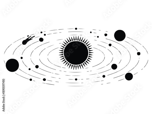 An abstract and artistic representation of the solar system showing the sun, planets and other celestial bodies in orbit.