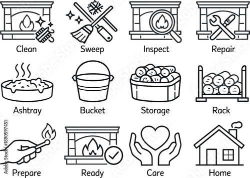 Fireplace Maintenance Icons. Line style icons of fireplace maintenance: clean, sweep, inspect, repair; ashtray, bucket, storage,