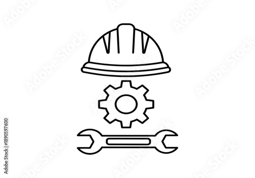 A hard hat, gear, and wrench symbolize construction and industry.