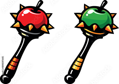 Image Generation. Two-Color vector icons of mace with spiked candy apple: rounded candy-apple head, spiked stud dots, curved stick