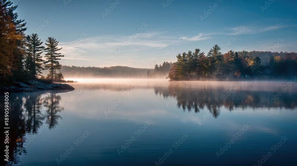 Obraz premium Mist rises from the calm lake early in the morning reflecting the colorful autumn foliage. The serene atmosphere invites nature lovers for peaceful moments by the water.