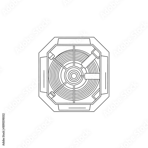 HVAC Condenser Unit Top View Outline Icon. Air conditioning fan grill technical line art vector illustration for cooling systems.