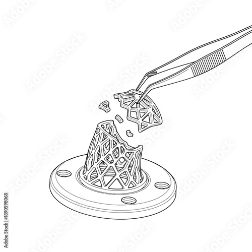 Precision Tweezers Handling Broken 3D Printed Lattice Structure Component. Additive Manufacturing Failure Analysis Line Art Illustration.