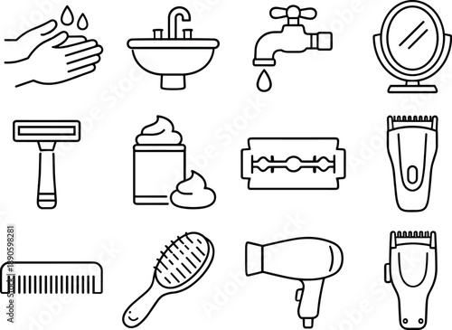 Image Generation. Line style vector icons of daily hygiene care: handwash, sink, tap, mirror; razor, shaving foam, blade, trimmer;