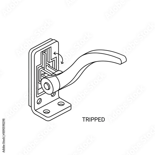 Tripped Mechanical Lever Mechanism Diagram. Isometric Outline Illustration of Actuated Safety Latch Component or Circuit Breaker Part