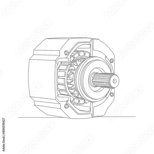 Electric Motor or Hydraulic Pump Cross-Section Line Art. Technical engineering illustration drawing diagram of internal components.