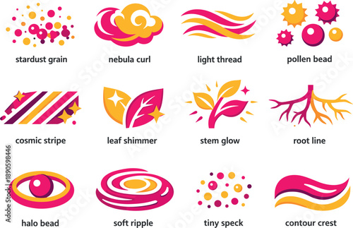 Image Generation. Two-Color vector icons of space-garden textures: stardust grain, nebula curl, light thread, pollen bead, cosmic