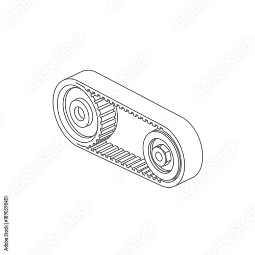 Timing Belt and Pulley System Technical Line Art Illustration. Mechanical Power Transmission Drive Mechanism Schematic Outline.