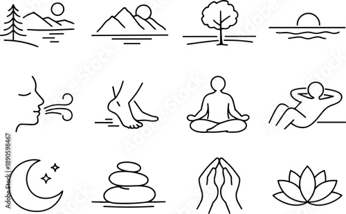 Image Generation. Line style vector icons of Serene lifestyle routine: lake, mountain, tree, horizon; slow breath, mindful step,