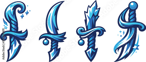 Image Generation. Two-Color vector icons of whimsical frozen blade: dreamy ice curl, airy edge arc, playful hilt bend, soft shard