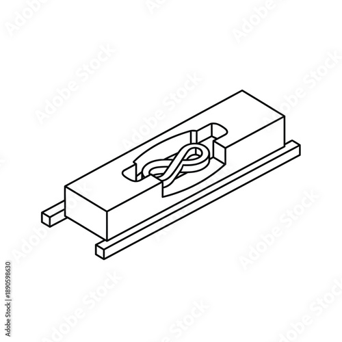 Technical Isometric Line Drawing of a Spring Clip or Cotter Pin Component within a Rail Slider Mechanism Outline Illustration.