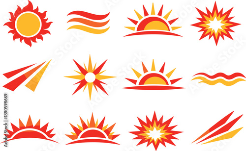 Image Generation. Two-Color vector icons of harsh sun symbols: blazing sun disc, heat ripple, solar arc, bright flare; dry glare