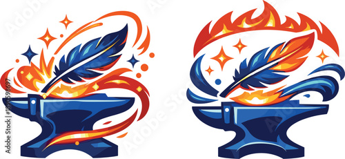Image Generation. Two-Color vector icons of a magical forge shaping a light metal feather (whimsical shift): enchanted anvil,