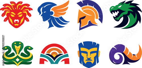 Image Generation. Two-Color vector icons of mythic silhouettes: gorgon crest, winged profile, ancient helm line, fierce creature