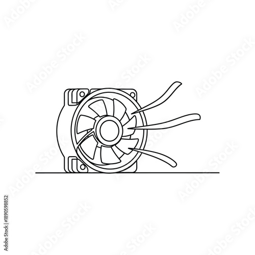 Continuous Line Drawing of PC Cooling Fan. Minimalist CPU Cooler Ventilation Icon.