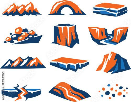 Bold Terrain Icons. Two-Color vector icons of rugged terrain: jagged edge line, crag arc, rock slab, scree patch, cliff stripe,