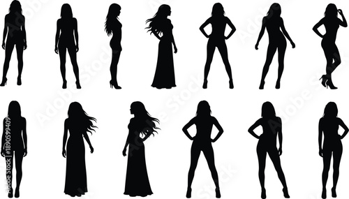 Collection of elegant female silhouettes in various fashion poses including long dresses, casual wear, and professional modeling for vector design.