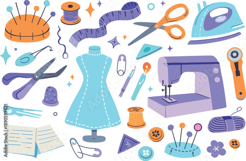 Sewing and Tailoring Icon Set with Needles, Thread, Scissors and Sewing Tools
