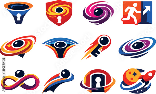 Image Generation. Two-Color vector icons of gravitational symbolism expanding the black-hole key motif: curved funnel, key crest,