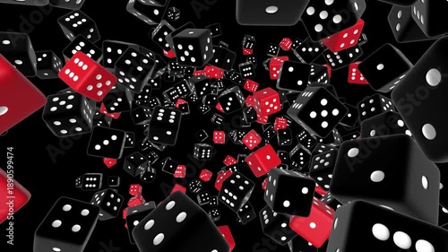 Cinematic Falling Red and Black Dice in slow motion 3D animation for gambling chance, casino risk management, and strategic probability visualization