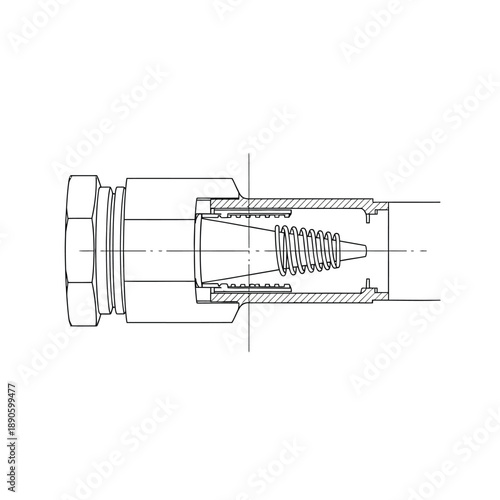 CAD Cross-Section Illustration of Spring-Loaded Quick Coupling Assembly, Detailed Mechanical Blueprint Diagram