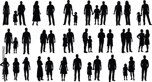 Large collection of diverse family silhouettes including parents holding hands with children, standing couples, and individual figures for vector design.