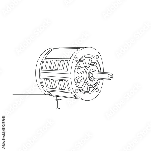 Continuous Line Drawing of Electric Motor Rotor Core and Stator Housing. Minimalist Engineering Technology Illustration on White.