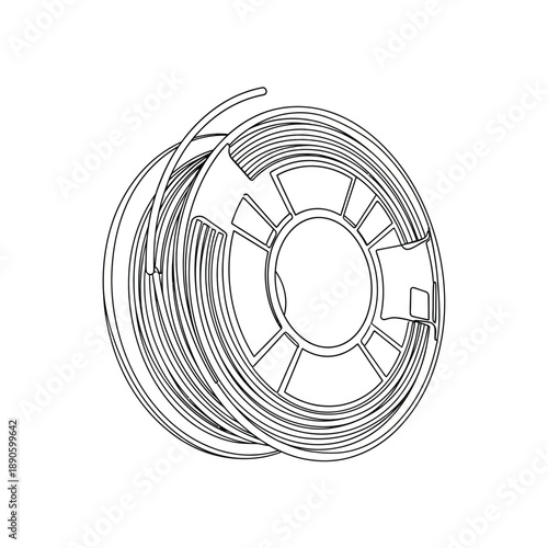 3D Printing Filament Spool Outline Icon. Continuous Line Art Drawing of Additive Manufacturing Material Reel.