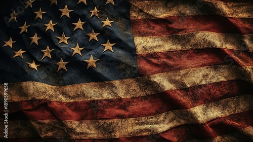 A weathered American flag waves dramatically against a dark background, showcasing its aged and textured design.