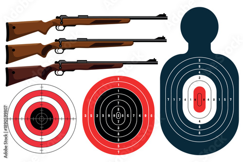 A collection of rifles and various shooting targets on a white background